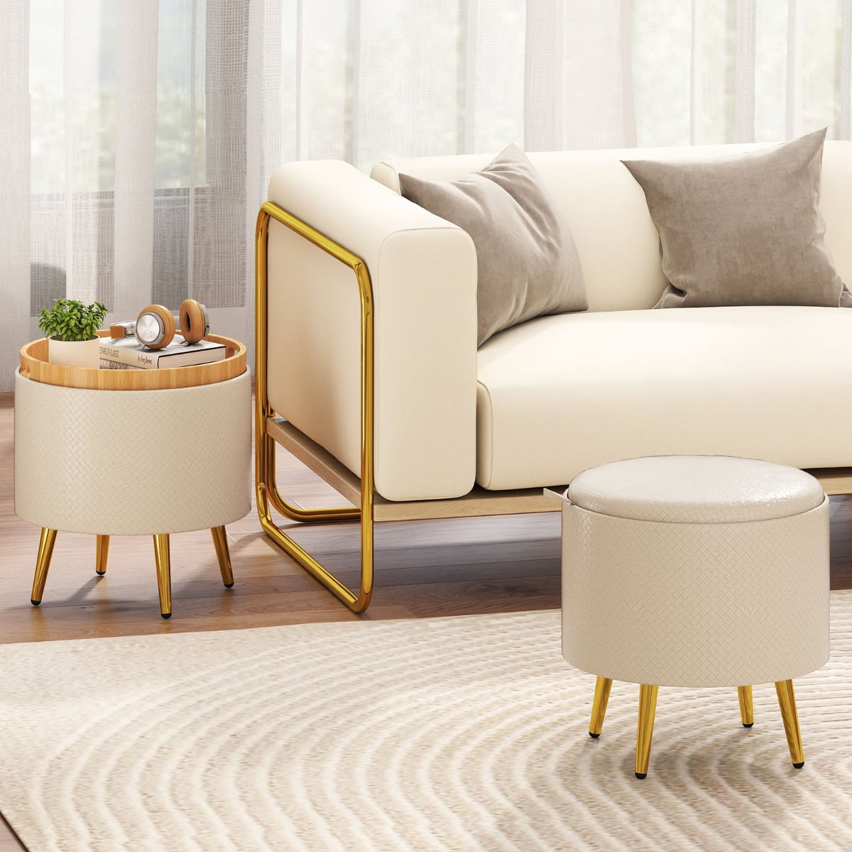 Storage Ottomans Set of 2 Leather Upholstered Round Footrests-Beige