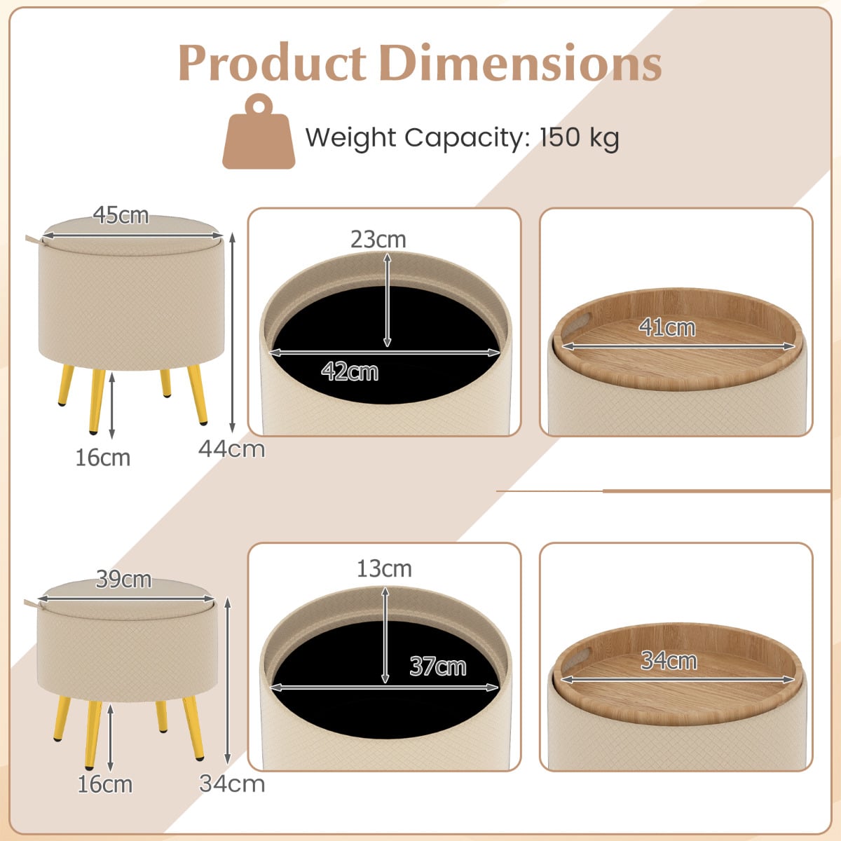 Storage Ottomans Set of 2 Leather Upholstered Round Footrests-Beige