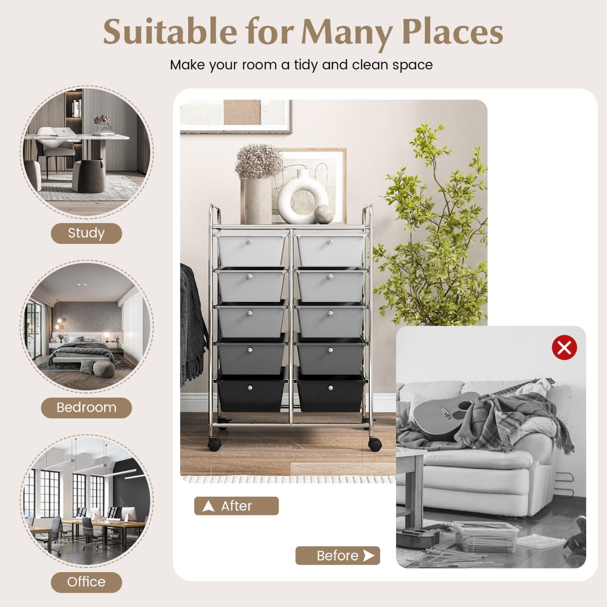 Storage Rolling Cart with 10-Drawer for Tools Scrapbook Paper Organising-Black &amp;amp;amp; Grey