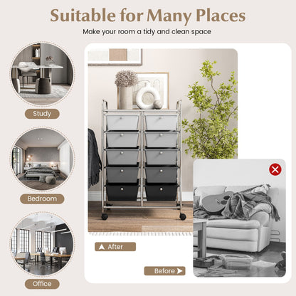 Storage Rolling Cart with 10-Drawer for Tools Scrapbook Paper Organising-Black &amp;amp;amp; Grey