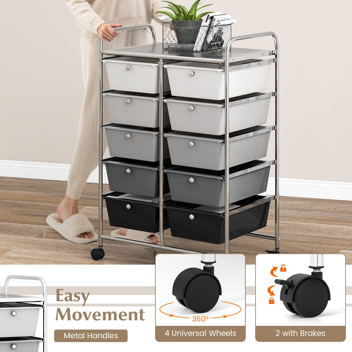 Storage Rolling Cart with 10-Drawer for Tools Scrapbook Paper Organising-Black &amp;amp;amp; Grey