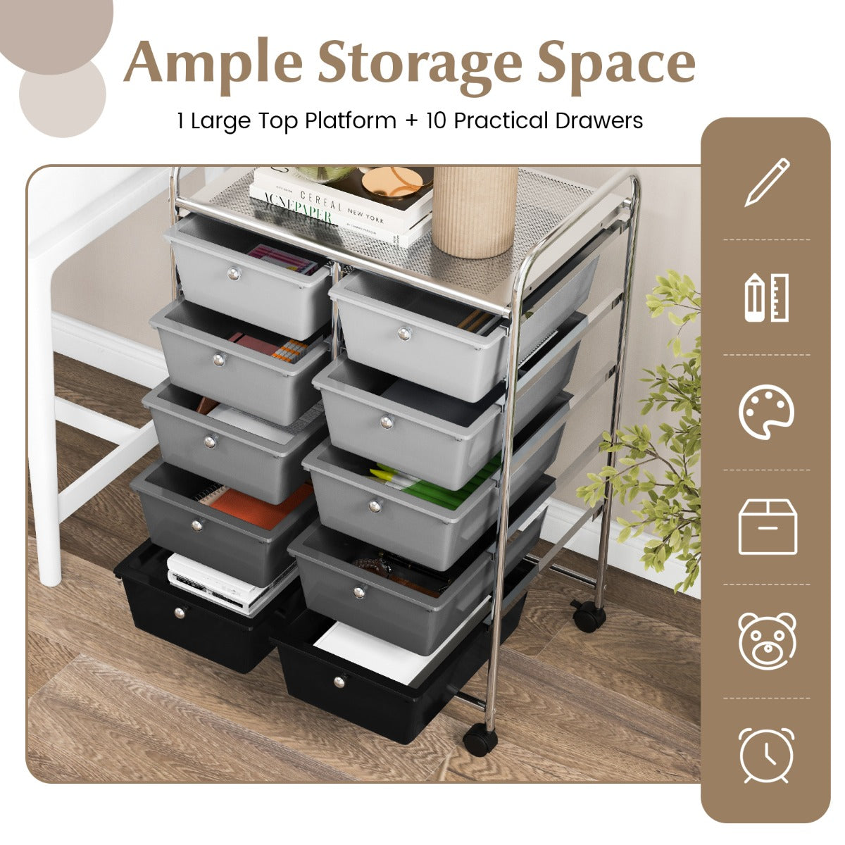 Storage Rolling Cart with 10-Drawer for Tools Scrapbook Paper Organising-Black &amp;amp;amp; Grey