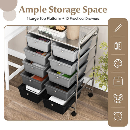 Storage Rolling Cart with 10-Drawer for Tools Scrapbook Paper Organising-Black &amp;amp;amp; Grey