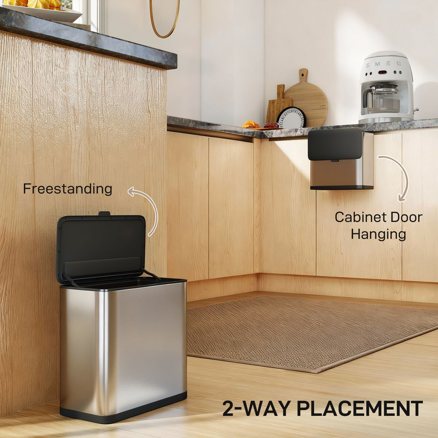 HOMCOM 8L Hanging Kitchen Bin, Rubbish bin with Lid and Removable Inner Bucket for Under Cabinet Door, Under Sink, Office