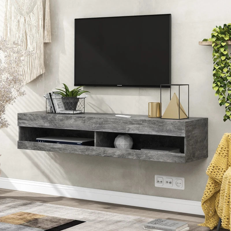 Wall-Mounted Modern TV Stand with LED Lights, Remote-Controlled RGB Lighting, Spacious Storage, 140x40x30.5 cm, Grey