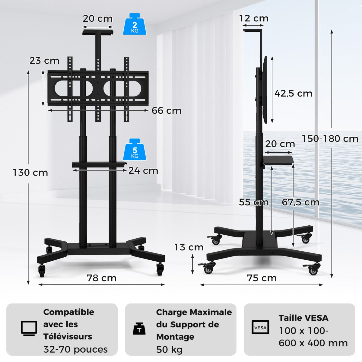 Mobile TV Stand Height Adjustable TV Cart with Lockable Wheels
