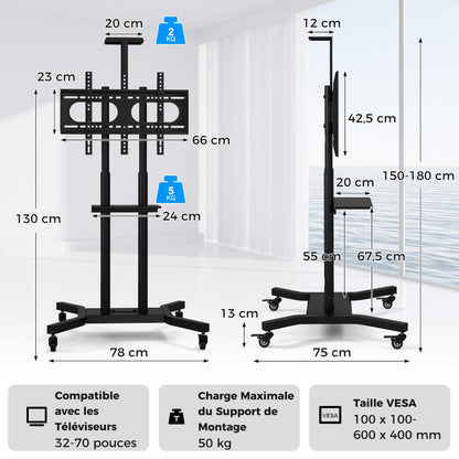 Mobile TV Stand Height Adjustable TV Cart with Lockable Wheels