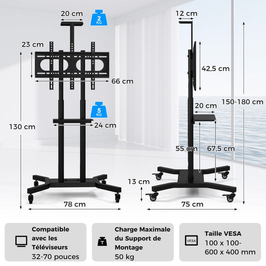 Mobile TV Stand Height Adjustable TV Cart with Lockable Wheels
