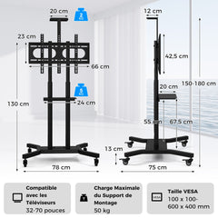 Mobile TV Stand Height Adjustable TV Cart with Lockable Wheels