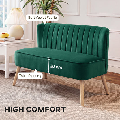 HOMCOM 117cm Loveseat Sofa Upholstered Small 2 Seater Sofa with Thick Padded Seat and Rubber Wood Legs, Dark Green