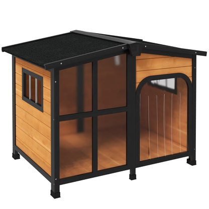 PawHut Wooden Dog Kennel with Removable Floor, Asphalt and Openable Roof, Large Window, for Large Dogs, Yellow