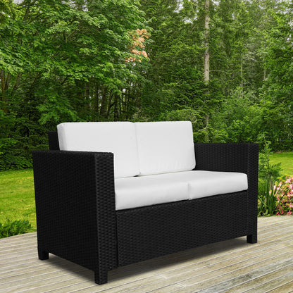 Outsunny Rattan Sofa, 2 Seater Garden Furniture with Soft Padded Cushion and Armrests, Wicker Garden Loveseat for Patio, Black