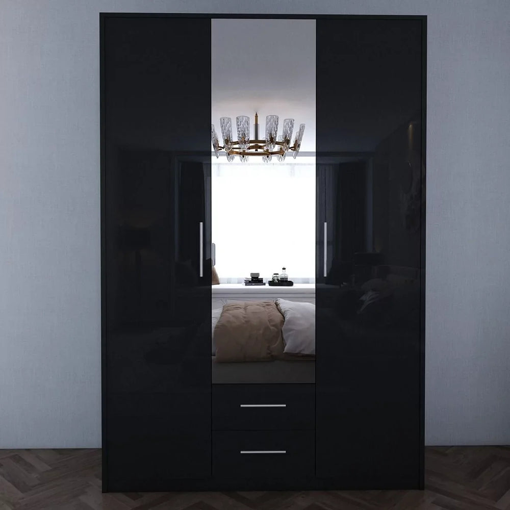 WINSTEAD 3 Door Mirrored Wardrobe Black 135cm