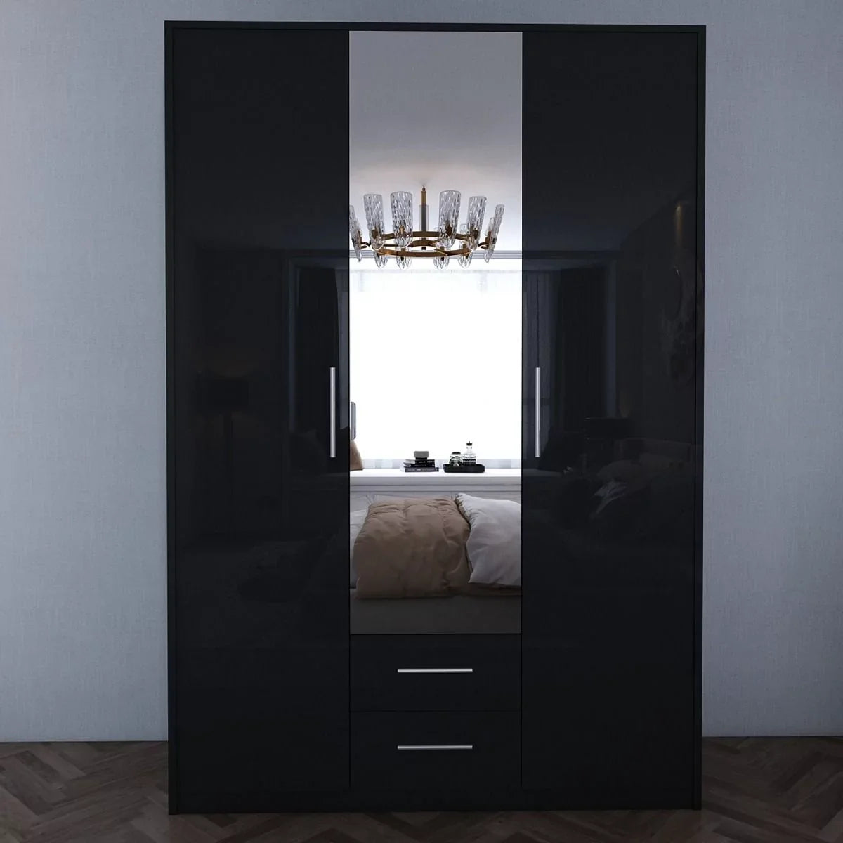 WINSTEAD 3 Door Mirrored Wardrobe Black 135cm