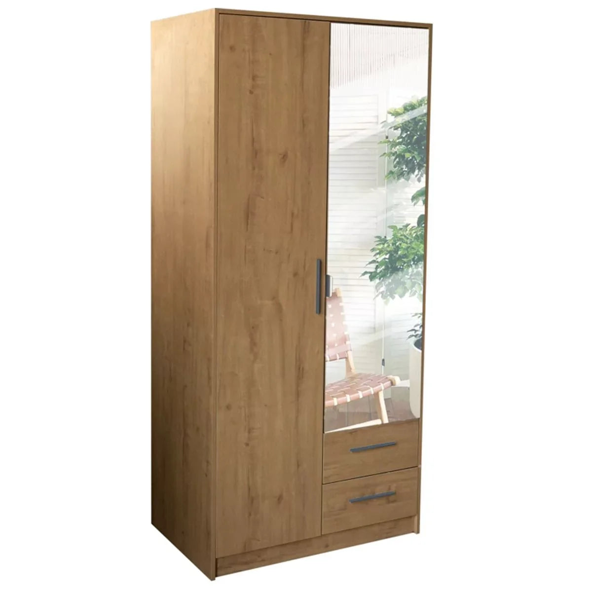 WINSTEAD 2 Door Mirrored Wardrobe Planked Oak 90cm
