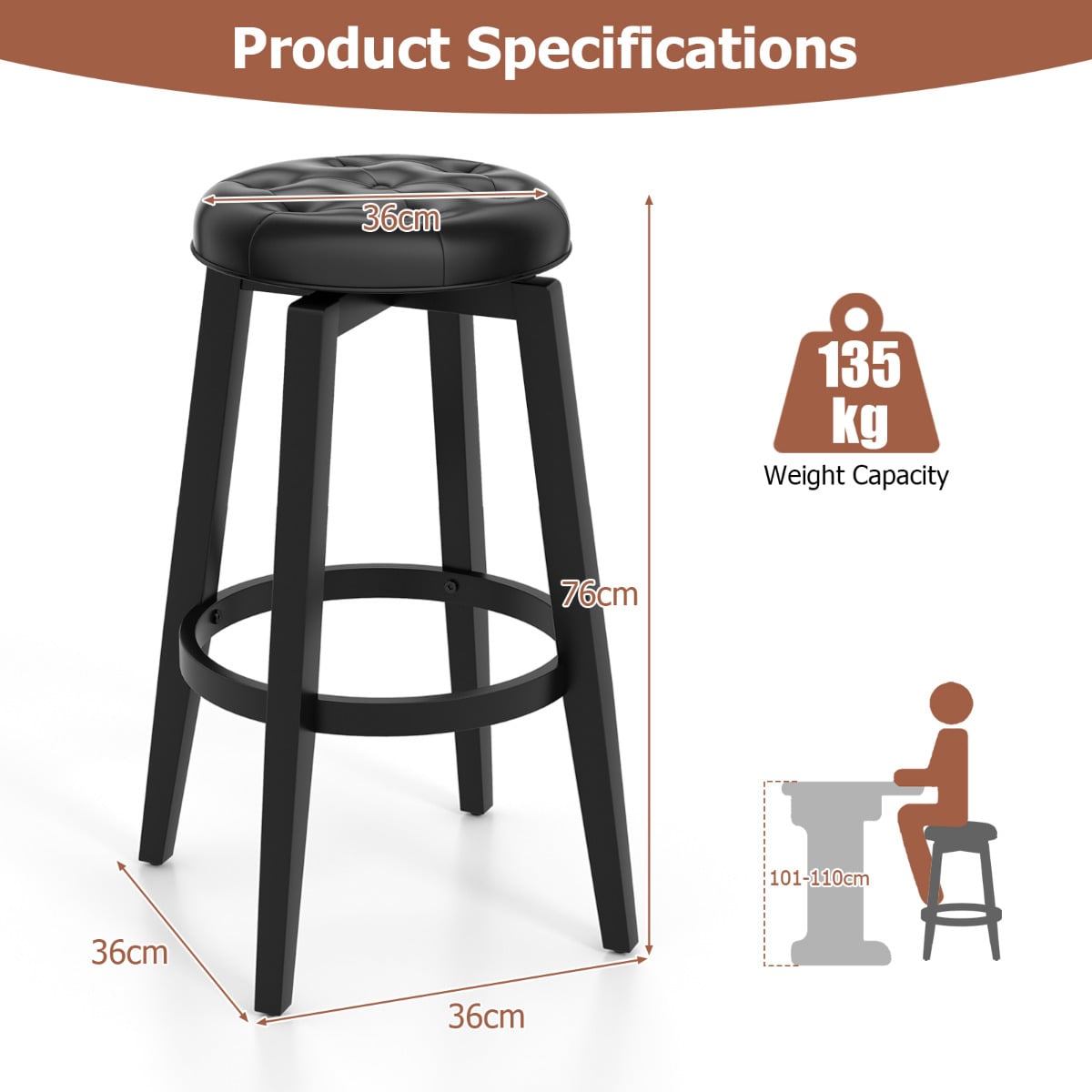 Swivel Bar Stool Set of 4 with Footrest Retro-Black