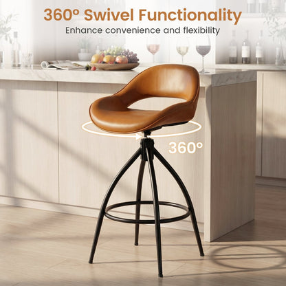 Swivel Bar Stools Set of 2 Counter Height Barstools with Backrest and Footrest-Brown