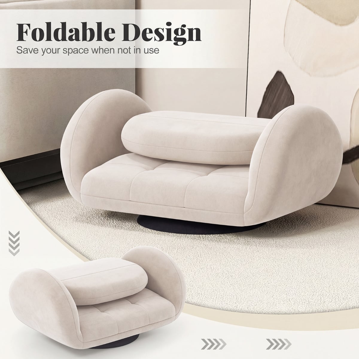 Swivel Floor Chair with Adjustable Backrest and Armrests-Beige