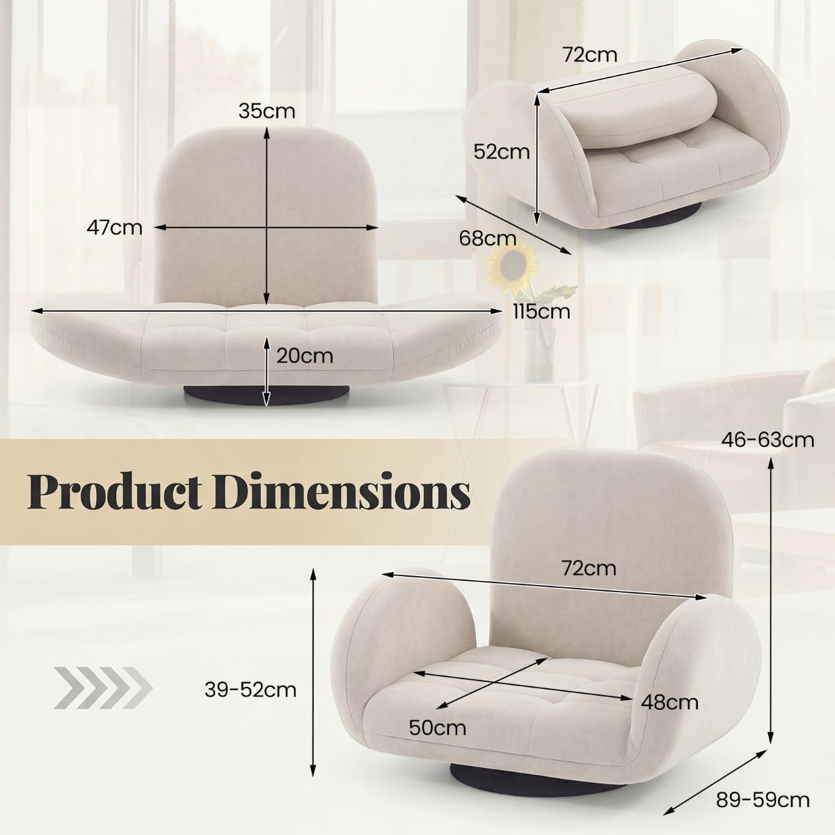 Swivel Floor Chair with Adjustable Backrest and Armrests-Beige