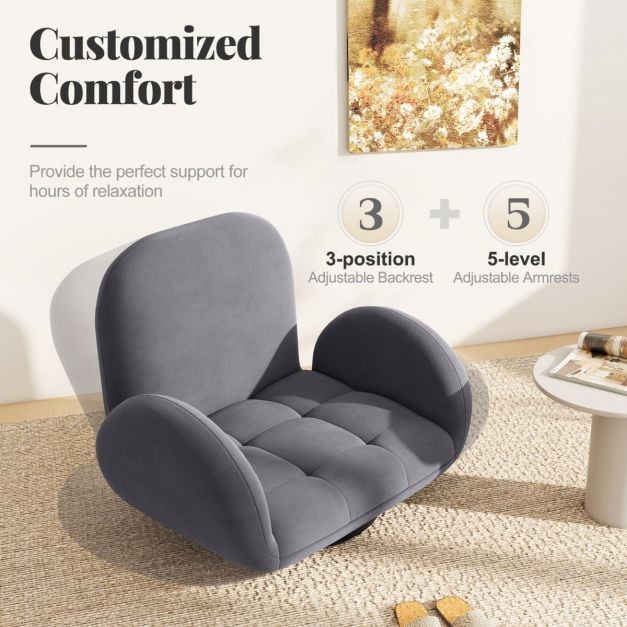 Swivel Floor Chair with Adjustable Backrest and Armrests-Grey