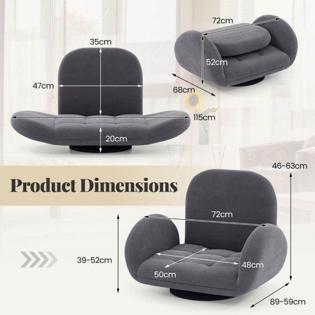 Swivel Floor Chair with Adjustable Backrest and Armrests-Grey