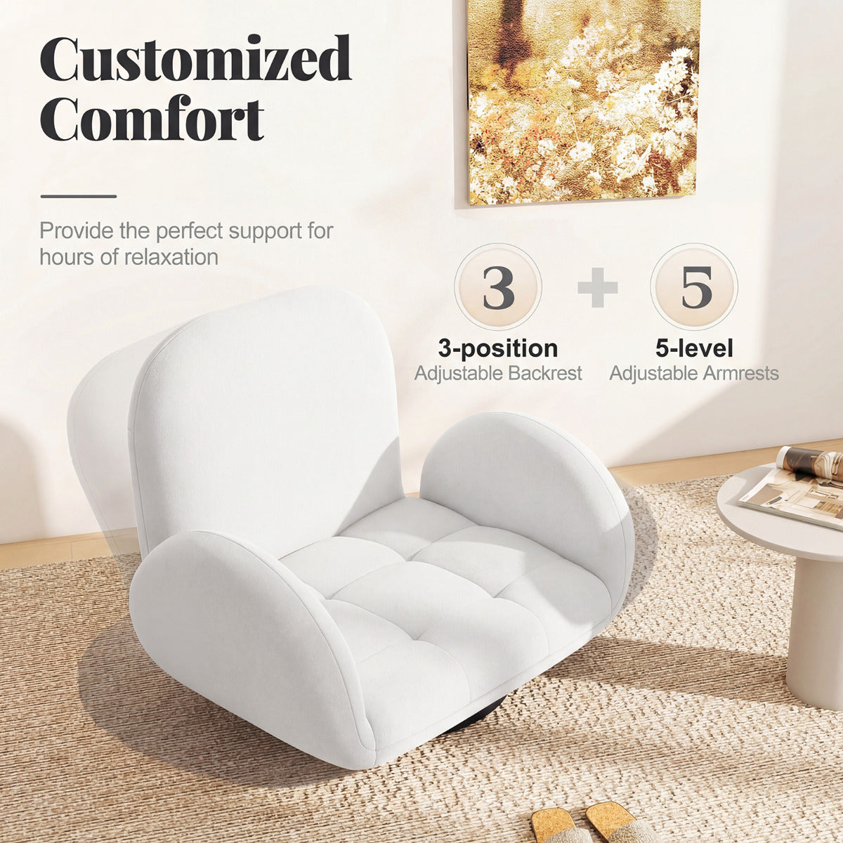 Swivel Floor Chair with Adjustable Backrest and Armrests-White