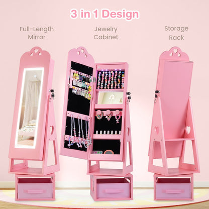 Swivel Kids Jewelry Cabinet with Full-Length Mirror and Lights-Pink