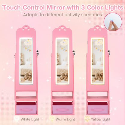 Swivel Kids Jewelry Cabinet with Full-Length Mirror and Lights-Pink