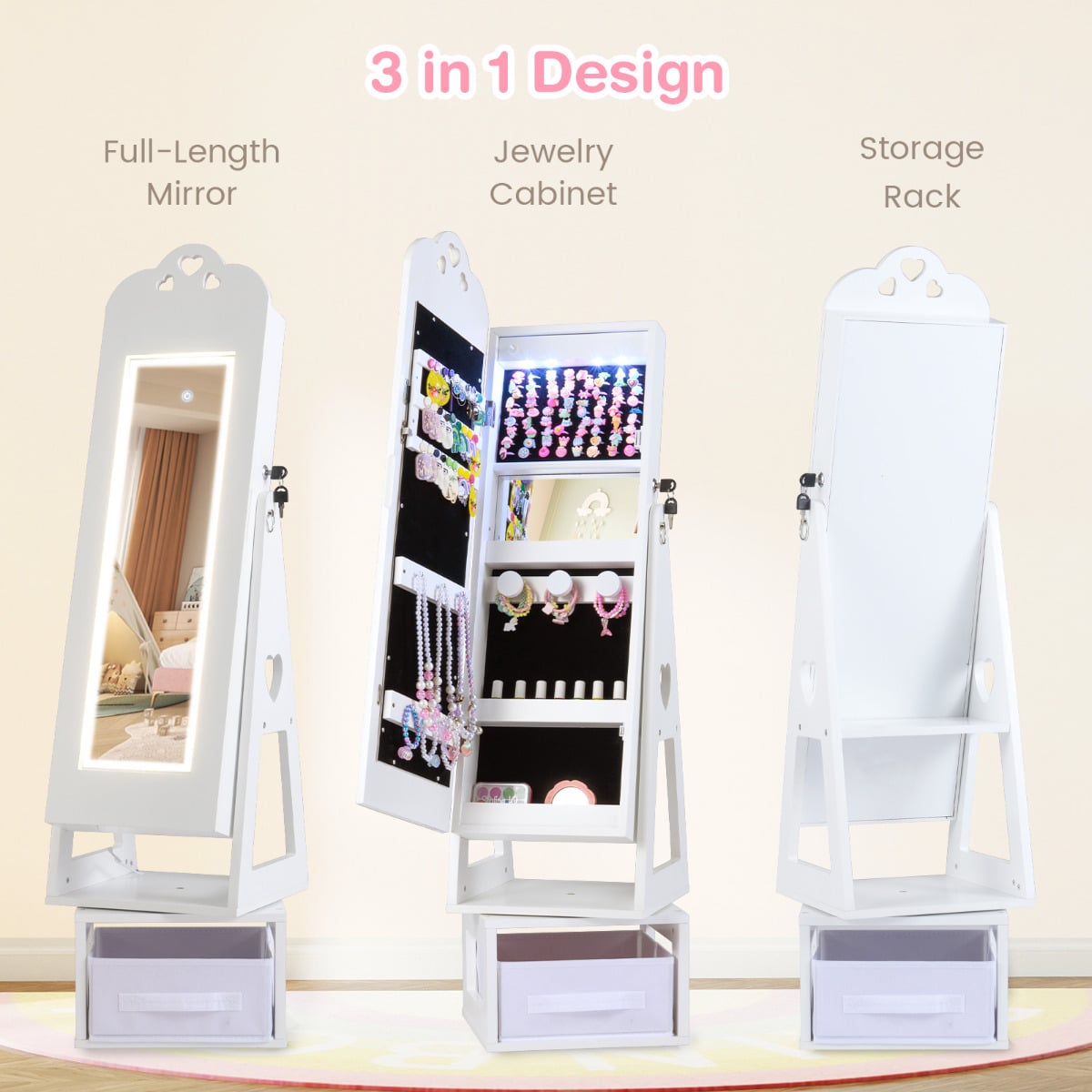 Swivel Kids Jewelry Cabinet with Full-Length Mirror and Lights-White