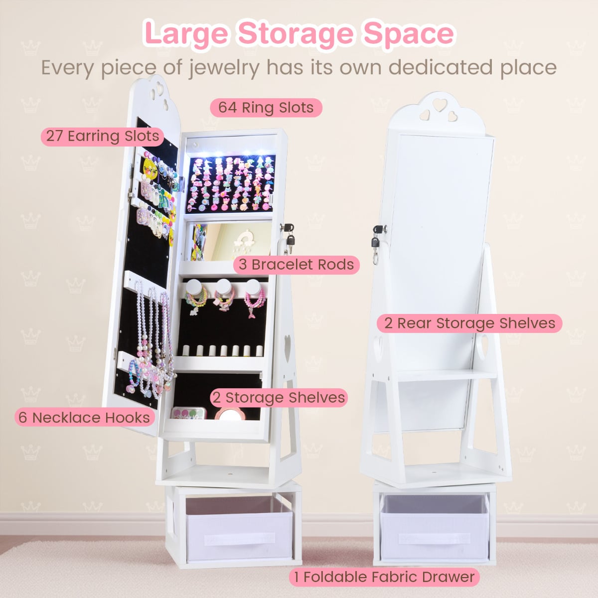 Swivel Kids Jewelry Cabinet with Full-Length Mirror and Lights-White