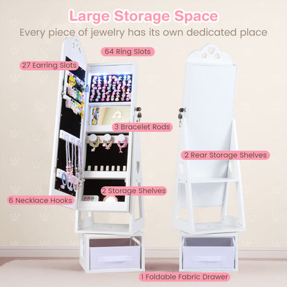 Swivel Kids Jewelry Cabinet with Full-Length Mirror and Lights-White