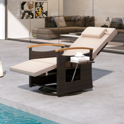 Outdoor 360° Swivel Rattan Recliner Chair with Adjustable Backrest and Footrest-Brown