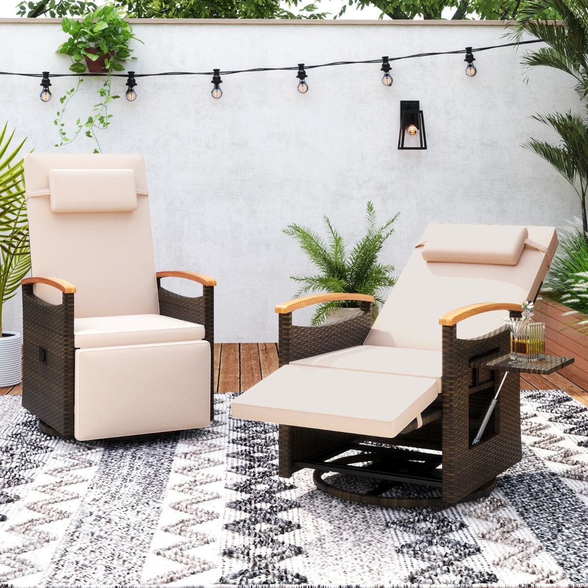 Outdoor 360° Swivel Rattan Recliner Chair with Adjustable Backrest and Footrest-Brown