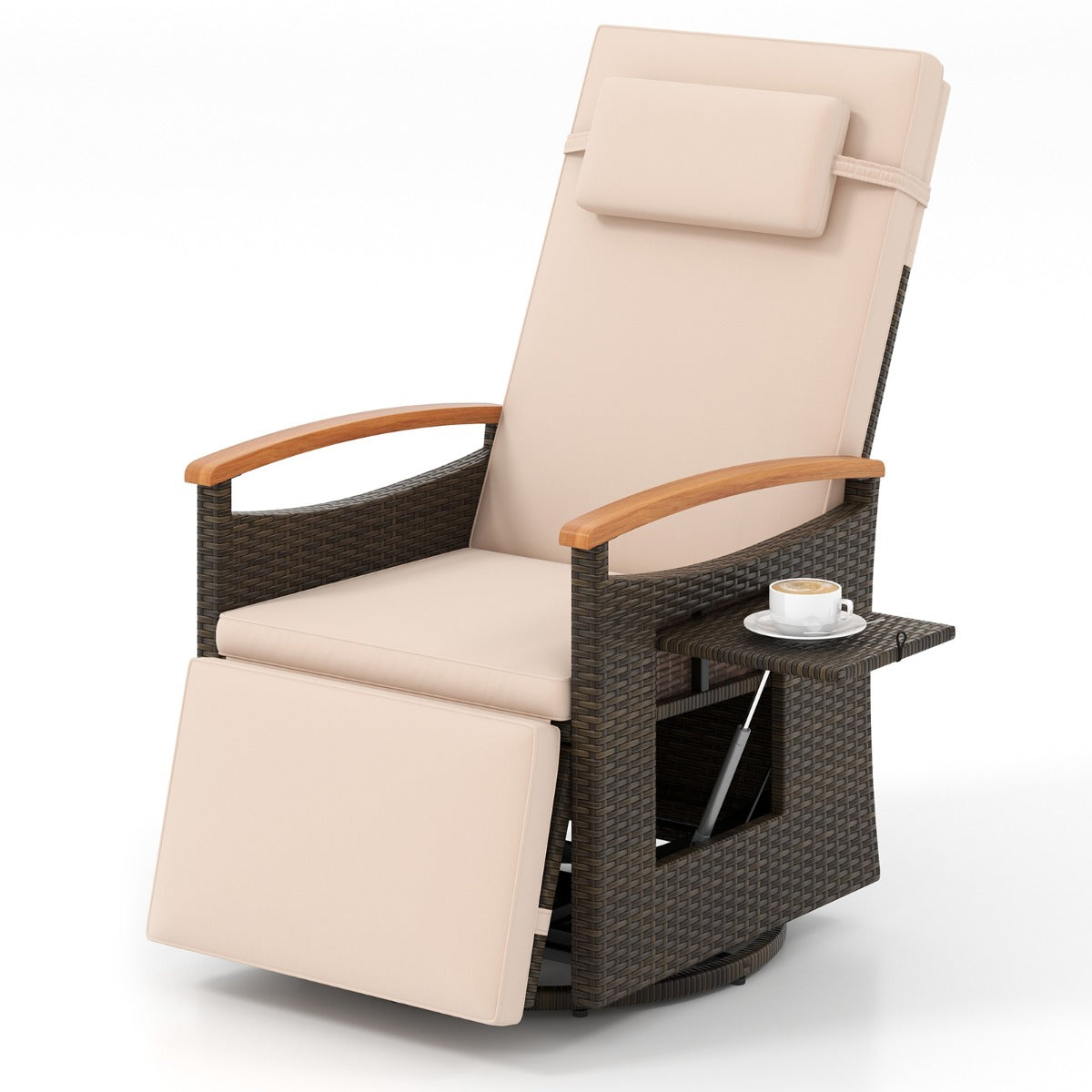 Outdoor 360° Swivel Rattan Recliner Chair with Adjustable Backrest and Footrest-Brown