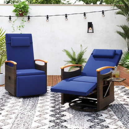 Outdoor 360° Swivel Rattan Recliner Chair with Adjustable Backrest and Footrest-Navy