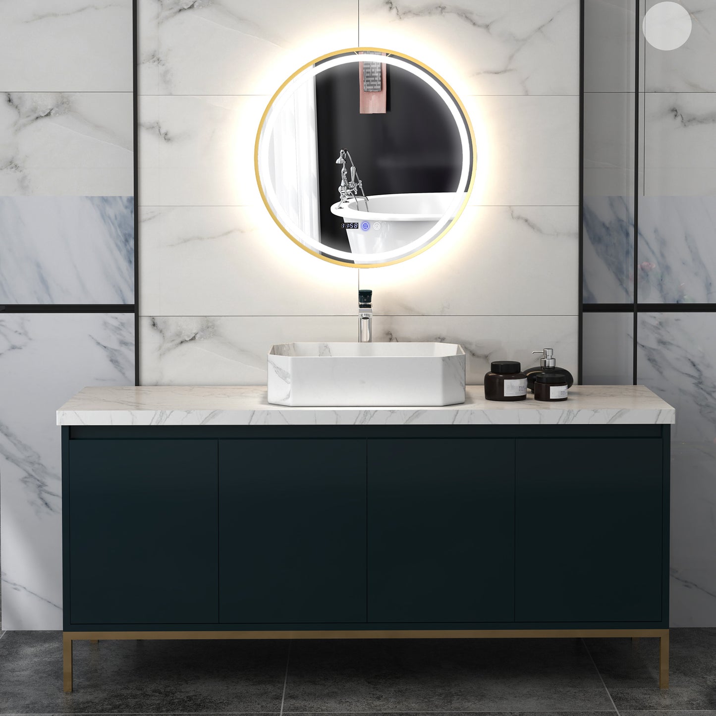 HOMCOM Round Bathroom Mirror with LED Lights, 600mm Backlit Illuminated Bathroom Mirror, Dimmable Wall Mounted Vanity Mirror with Demister Pad, Touch Switch, Time and Temp Display, Gold Tone