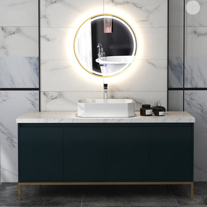 HOMCOM Round Bathroom Mirror with LED Lights, 600mm Backlit Illuminated Bathroom Mirror, Dimmable Wall Mounted Vanity Mirror with Demister Pad, Touch Switch, Time and Temp Display, Gold Tone