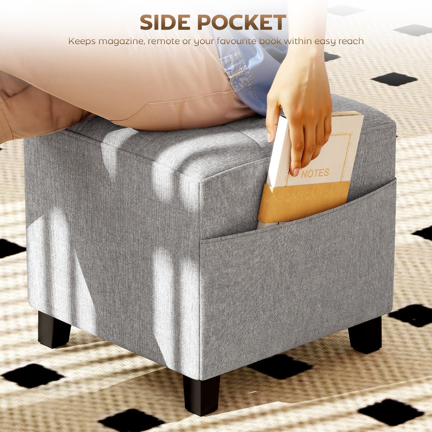 HOMCOM Square Footstool, Small Ottoman with Side Pocket, Linen Fabric Footrest Foot Stool with Rubber Wood Legs and Padded Seat for Living Room, Bedroom, Entryway, 35 x 35 x 35cm, Light Grey