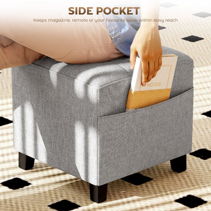 HOMCOM Square Footstool, Small Ottoman with Side Pocket, Linen Fabric Footrest Foot Stool with Rubber Wood Legs and Padded Seat for Living Room, Bedroom, Entryway, 35 x 35 x 35cm, Light Grey