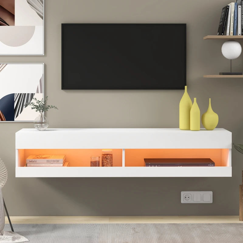 Wall-Mounted High Gloss TV Cabinet with LED Lights, Modern Floating Media Console for up to 65" TV, Spacious Storage, 140x40x30.5 cm, White