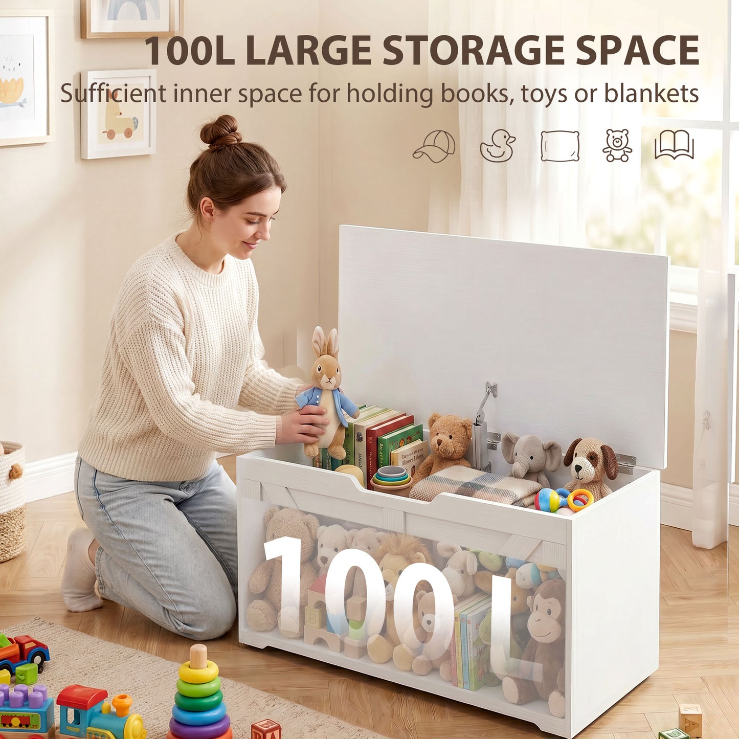 HOMCOM 100L Home Storage Box, with Safety Hinge - White Wood-Effect