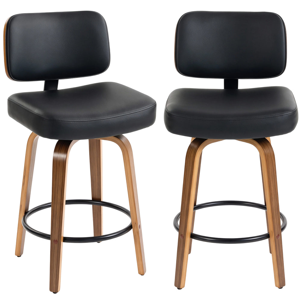 HOMCOM Bar Stools 360° Swivel Breakfast Bar Stools Padded PU Seat Footrest Set of 2 Black