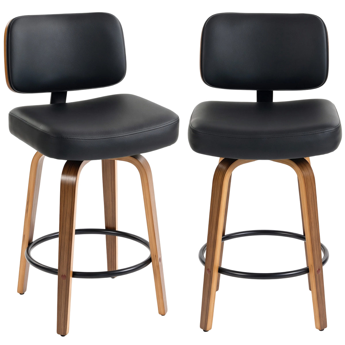 HOMCOM Bar Stools 360° Swivel Breakfast Bar Stools Padded PU Seat Footrest Set of 2 Black