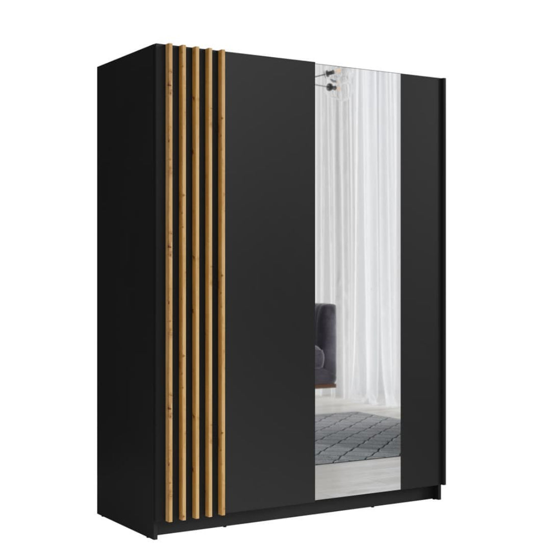Black wardrobe with mirror doors on a white background