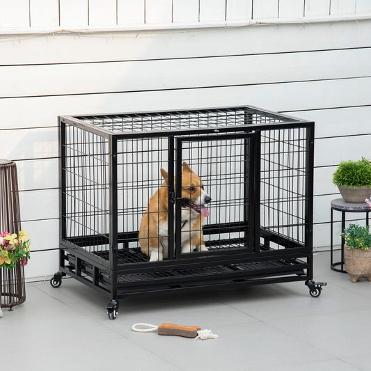 PawHut 36" Heavy Duty Metal Dog Crate Pet Cage with Tray Wheeled Dog Kennel - Black (Medium)