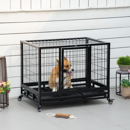 PawHut 36" Heavy Duty Metal Dog Crate Pet Cage with Tray Wheeled Dog Kennel - Black (Medium)