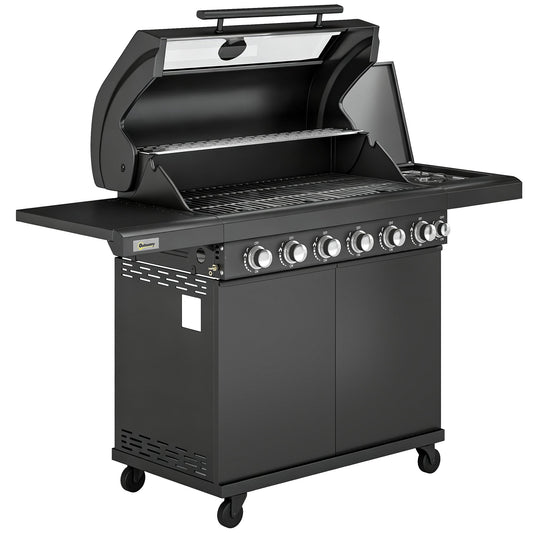 Outsunny 6+1 Burner Gas BBQ Grill, Outdoor Barbecue Trolley with Wheels, Warming Rack, Thermometer, Bottle Opener, Black