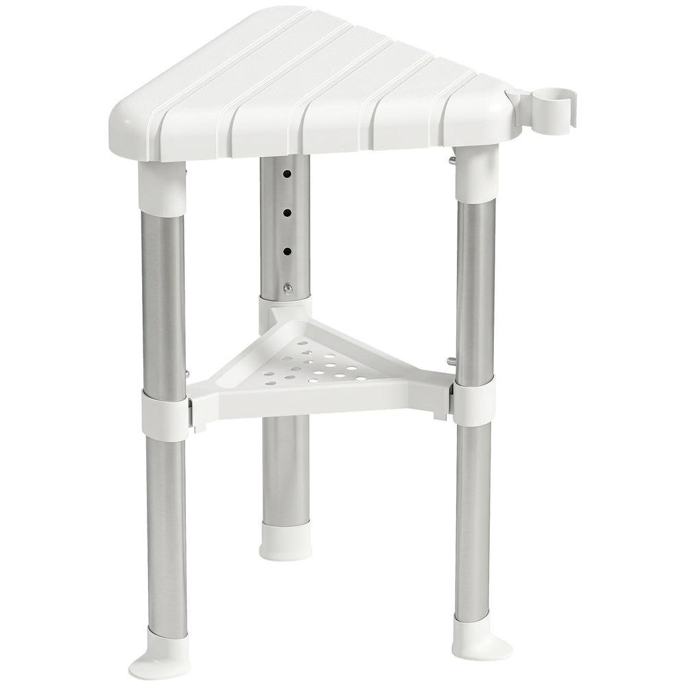 HOMCOM Shower Stool, Aluminium Alloy Corner Shower Chair with Storage Shelf and HDPE Seat, Adjustable Height, White