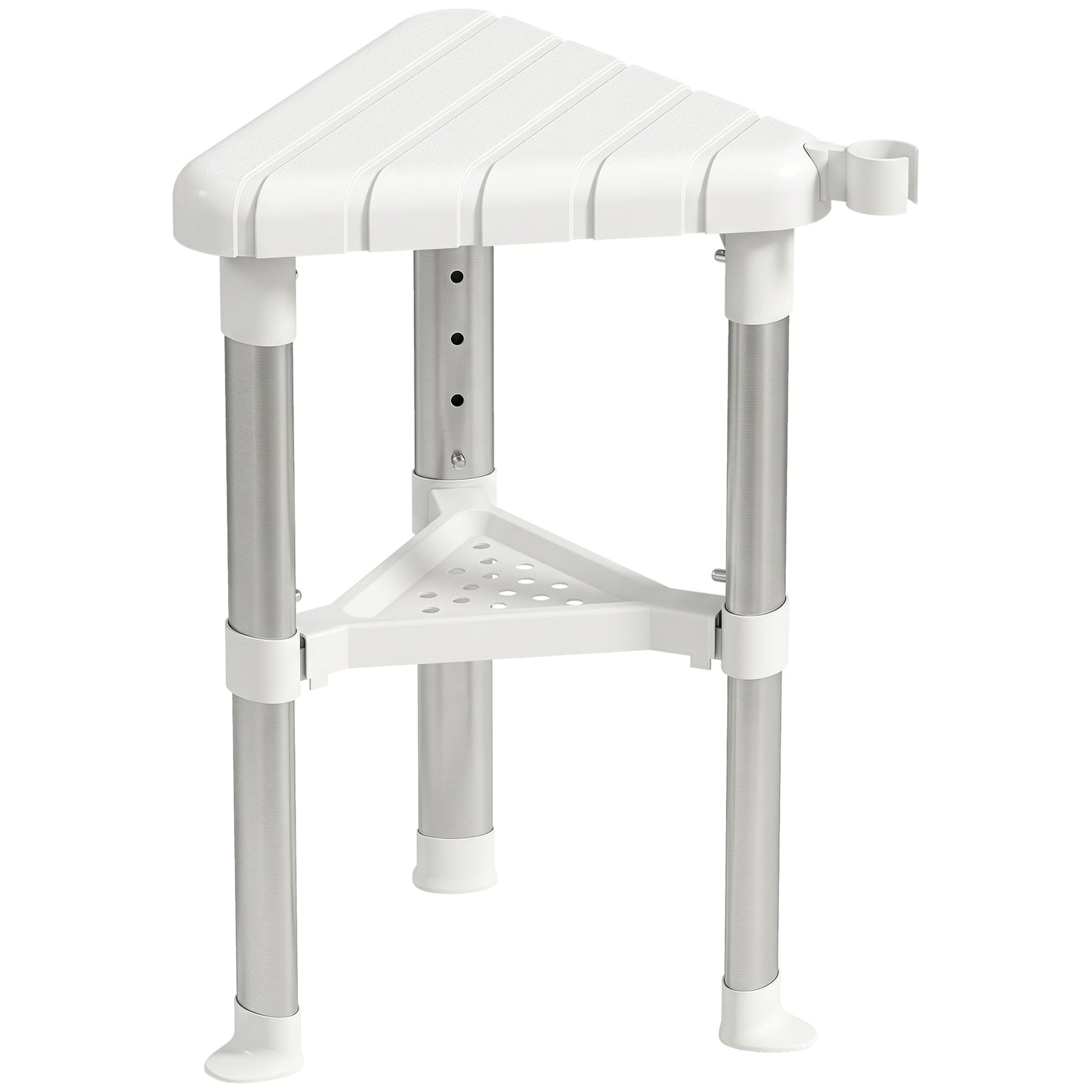 HOMCOM Shower Stool, Aluminium Alloy Corner Shower Chair with Storage Shelf and HDPE Seat, Adjustable Height, White