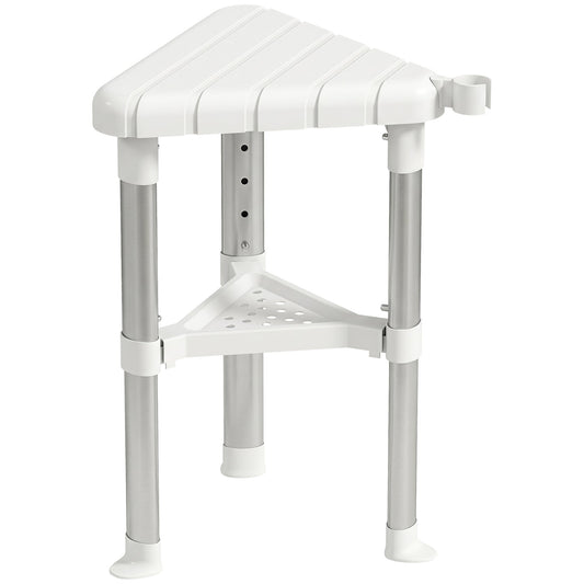HOMCOM Shower Stool, Aluminium Alloy Corner Shower Chair with Storage Shelf and HDPE Seat, Adjustable Height, White